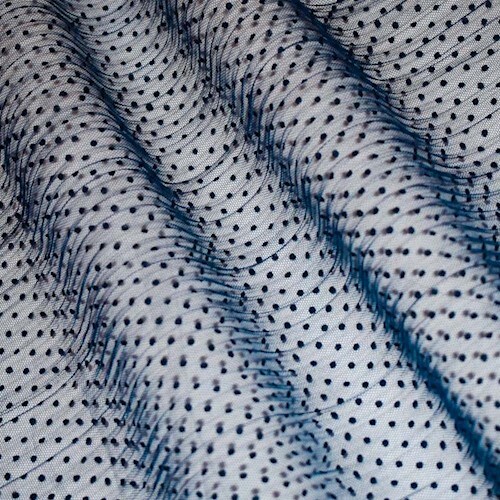 Deep Blue Famous Designer Dotted Velvet Flocked Pleat Mesh Fabric By the Yard