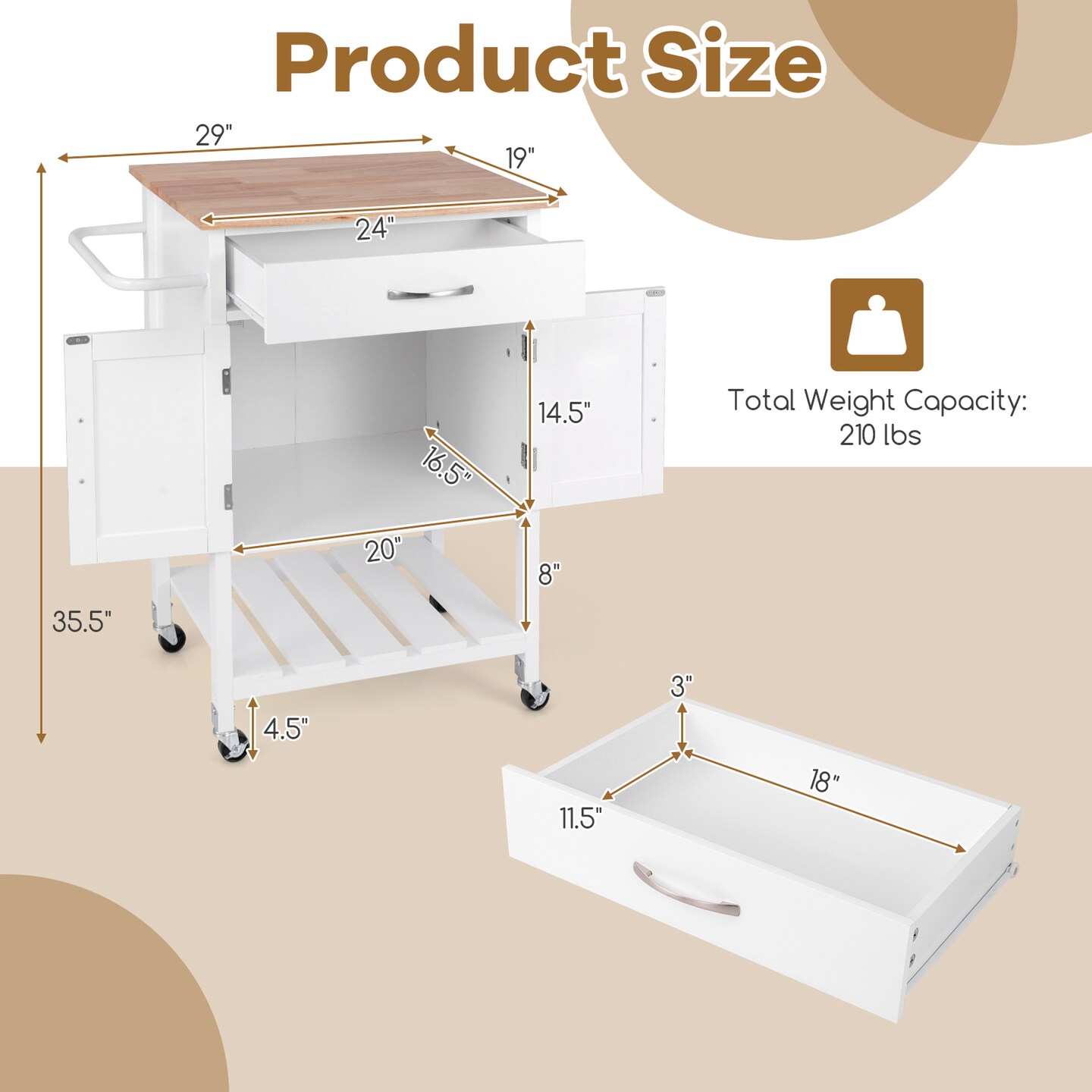 Rolling Kitchen Island Cart with Storage Cabinet Pull-Out Drawer Bottom Tray and Smooth Casters
