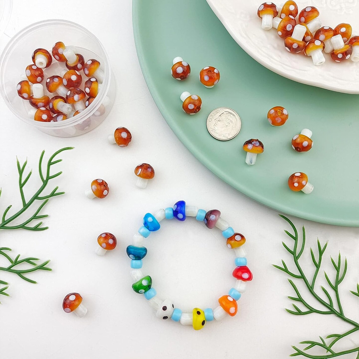 40 Pcs Mushroom Lampwork Beads Mixed Color (H10 Mushroom brown)