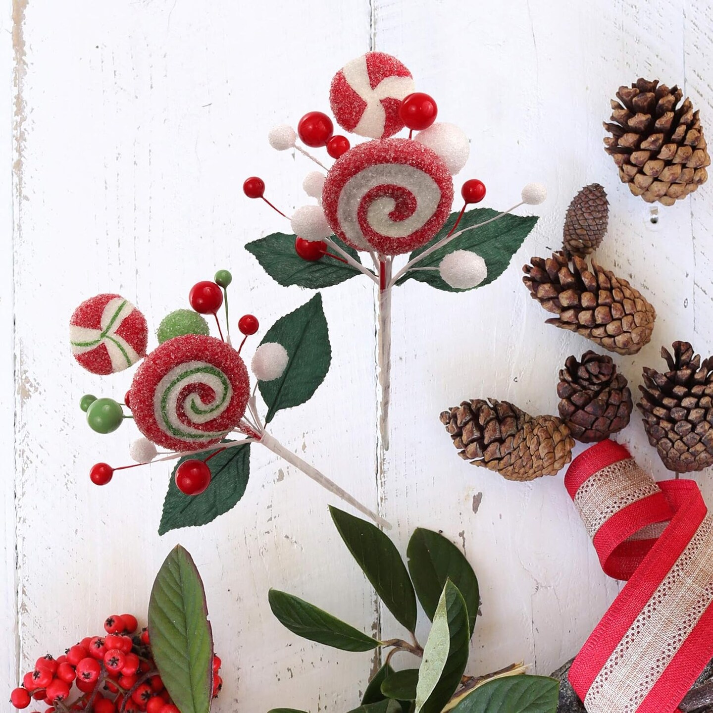 12-Pack: Assorted Sugar Lollipop Spray Picks with Foliage - Festive Holiday Accents, Ideal for Christmas Decor & Floral Arrangements - Perfect for Home, Office - 2024 Christmas Collection, Floral Home by Artificial Flowers