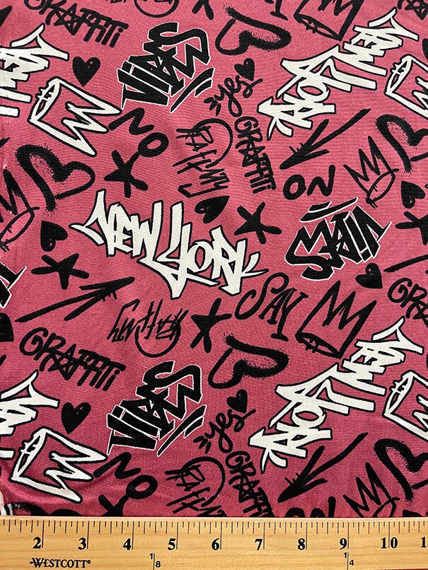 Dark Rose Graffiti Print Double Brushed Jersey Knit Fabric By the Yard