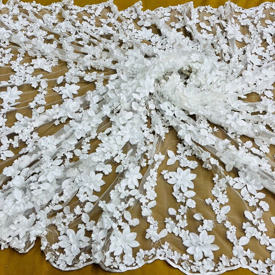 1 Yard Beaded 3D Floral Lace Fabric Embroidered on 100% Polyester Net Mesh Off White