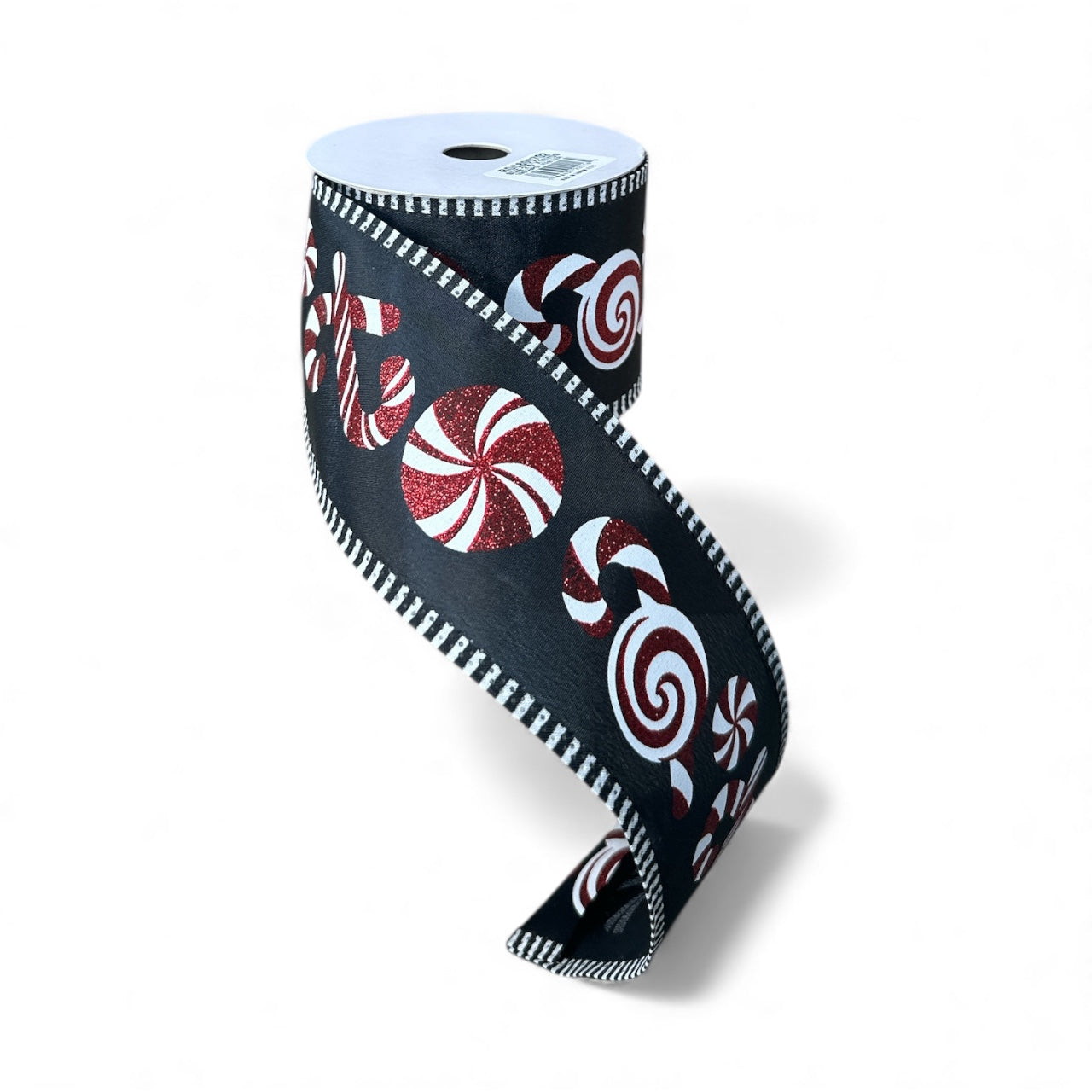 2.5&#x22;x10yd Candy Cane Stripe Wired Christmas Ribbon &#x2013; Red White Peppermint on Black-RGC809702