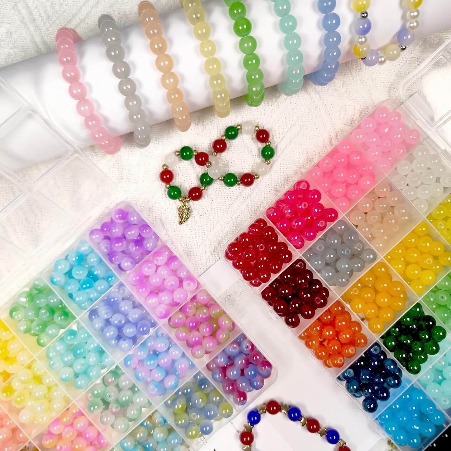 1500 Pcs 8mm Glass Beads Bracelet Making Kit (24 Solid Colors and 24 Mermaid Colors)