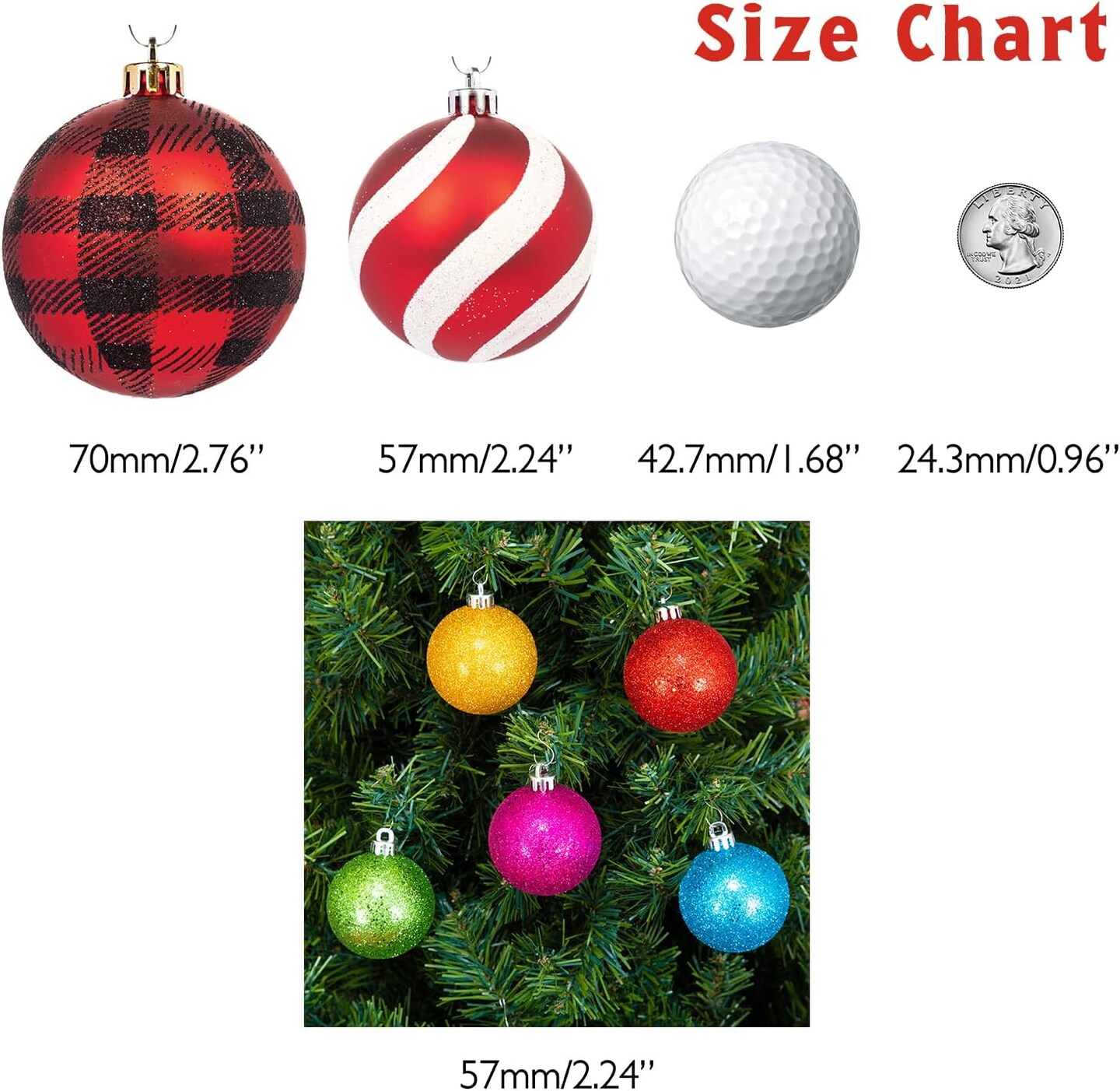Shatterproof Christmas Tree Ornament Set (2.24&#x22;/57mm, Glitter Rainbow)