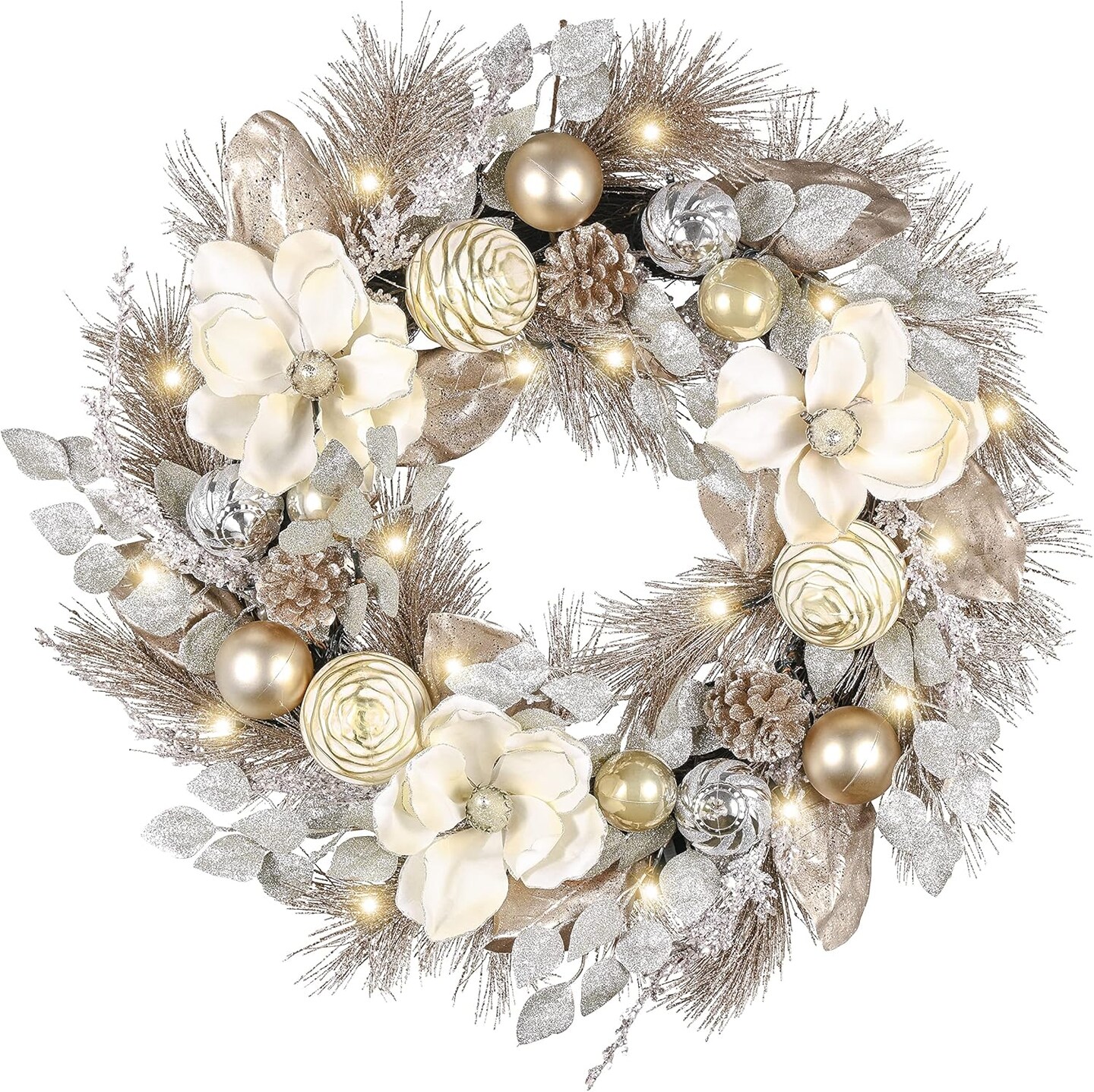 Pre-Lit Large Lighted Christmas Wreath for Front Door (White,Gold) 4"D x 24"W x 24"H