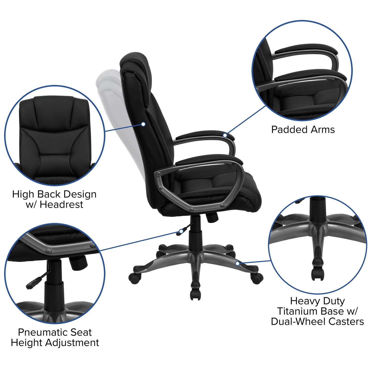 Emma and Oliver High Back Leather Executive Swivel Office Chair with Lip Edge Base and Arms