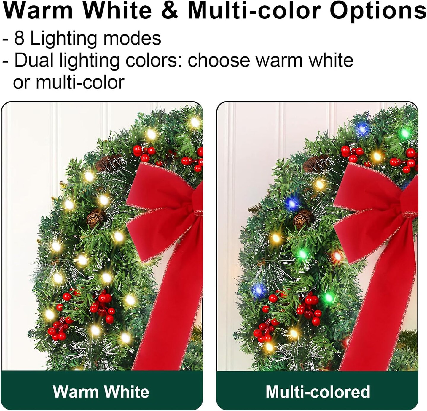 24in Prelit Christmas Wreath with Lights Timer and Remote (Warm White&#x26; Colorful) 3&#x22;D x 24&#x22;W x 24&#x22;H