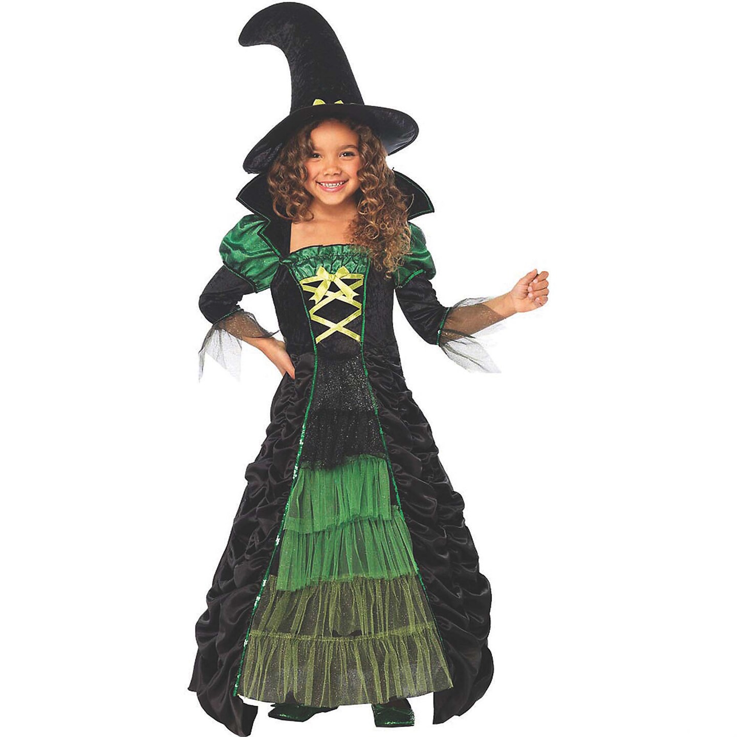 Girl’s Storybook Witch Costume Green and Black Long Dress with Hat
