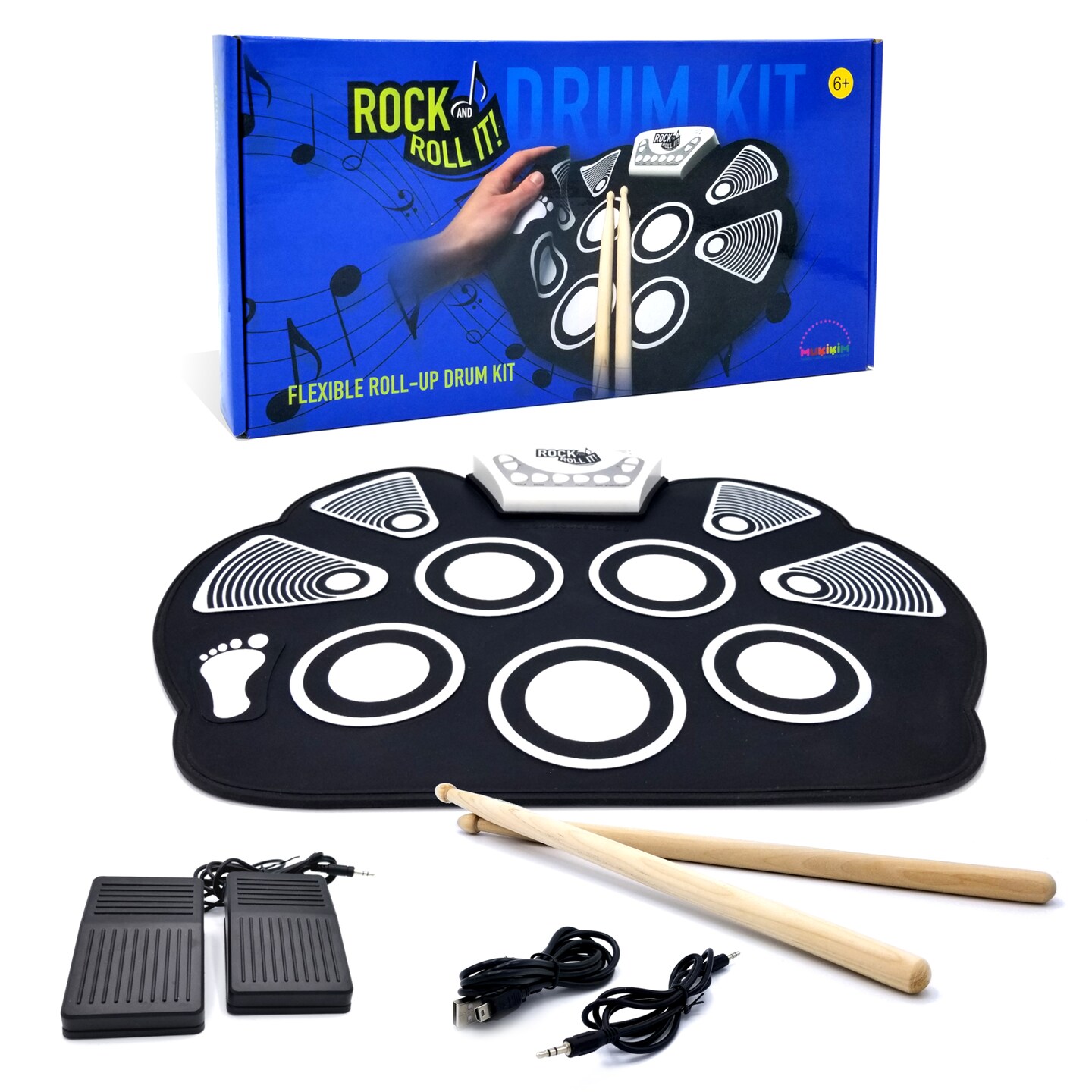 Rock And Roll It - Drum. Flexible, Completely Portable, battery OR USB powered, 2 Drum Sticks + Bass Drum & Hi hat pedal included!