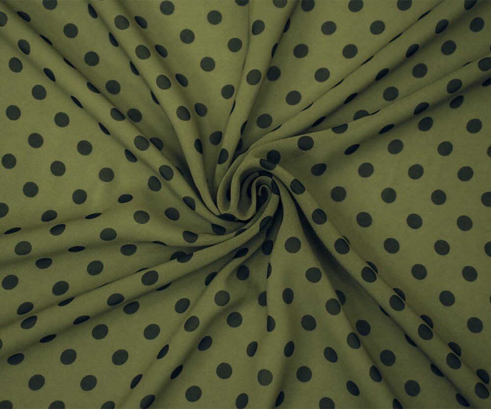 Green-Black Polka Dots Printed Poly Chiffon Woven Fabric By the Yard