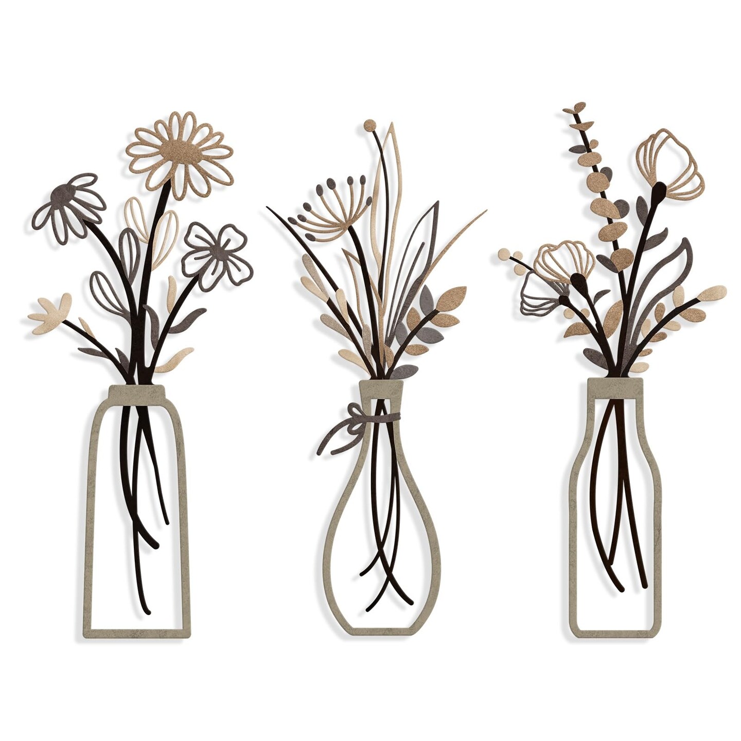 3 Pieces Metal Flowers Wall Arts - Rustic Farmhouse Style Décor Metal Wall Art Black Minimalist Flower Natural Themed Wall Decors for Home Bedroom Dining Room Housewarming (Brown)