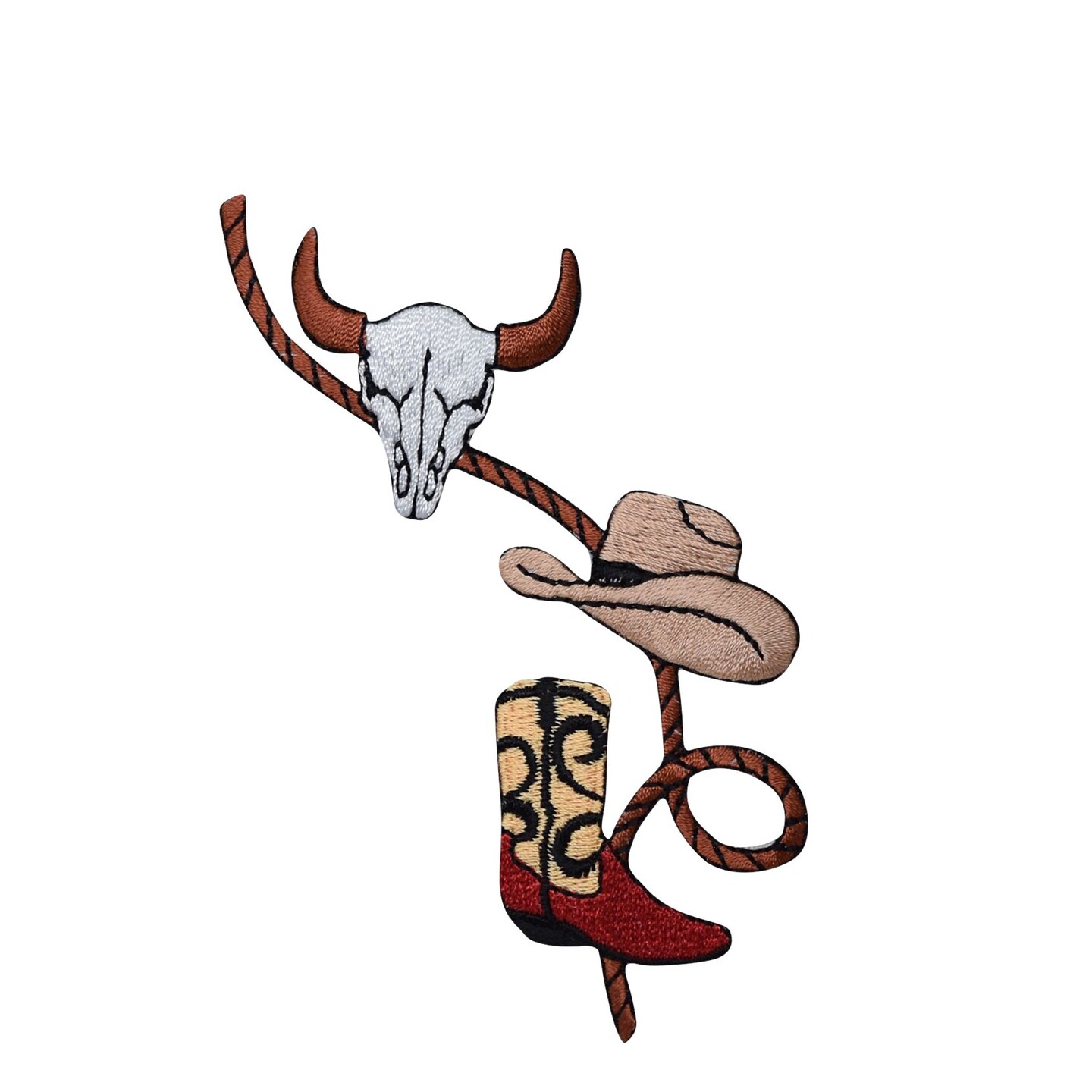 Western Rope with Boot, Cowboy Hat and Skull, Embroidered, Iron on Patch