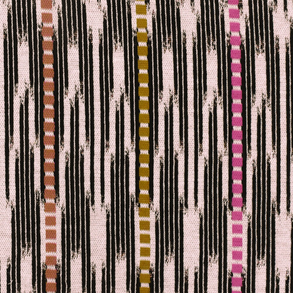 Pink Ivory-Black-Multi Abstract Ikat Stripe Stretch Double Knit Fabric By the Yard