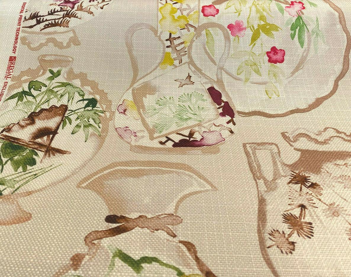1 Yard Porcelain Asian Print Upholstery Fabric 100% Polyester 56 Inch Width