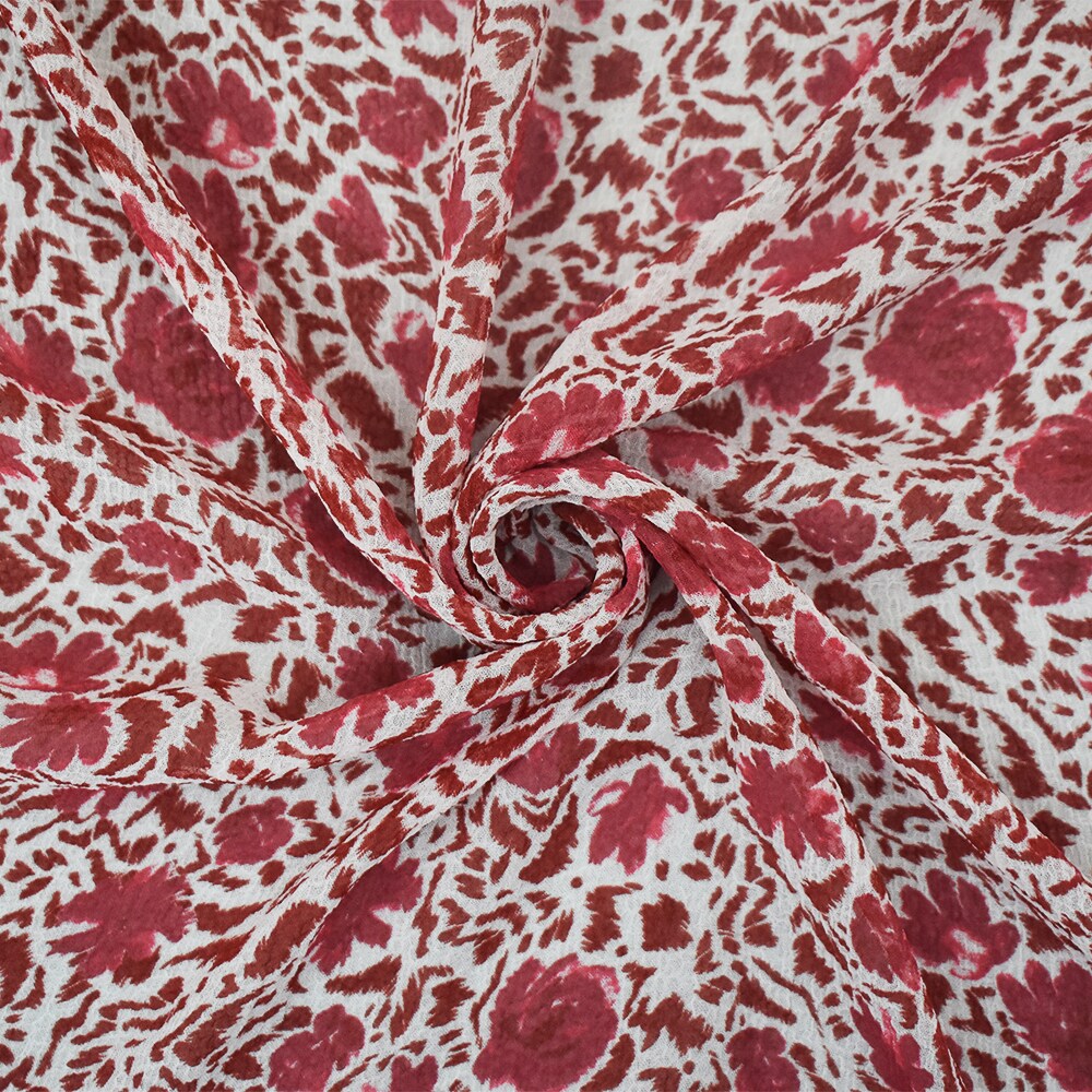 White-Red Abstract Floral Printed Poly Crinkled Chiffon Woven Fabric By the Yard