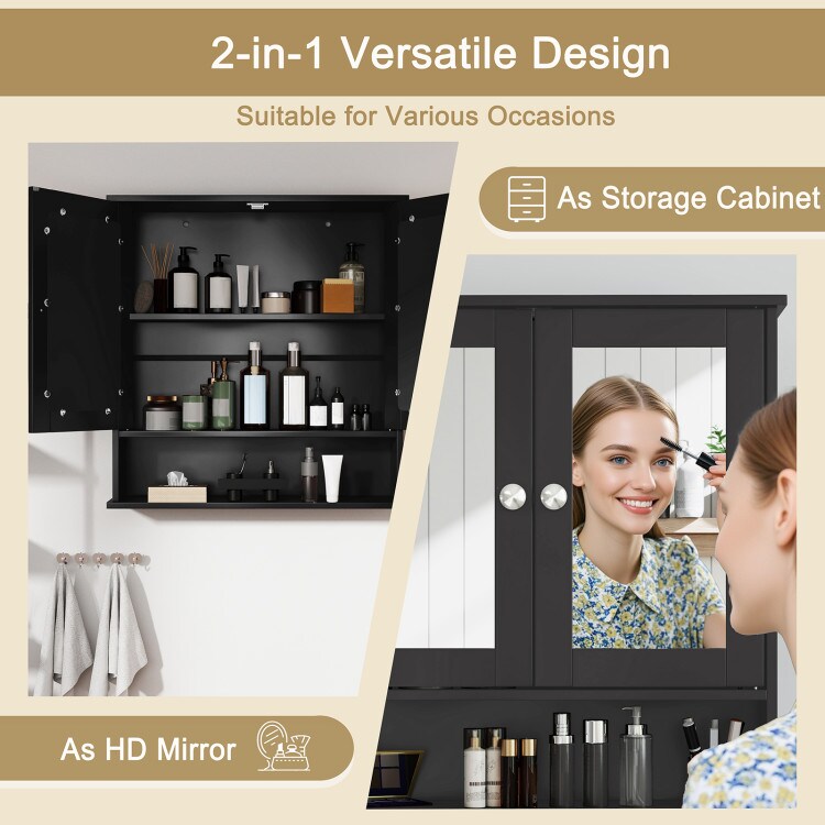 Wall Cabinet with Double Mirror Doors Adjustable Shelf Storage for Bathroom and Bedroom
