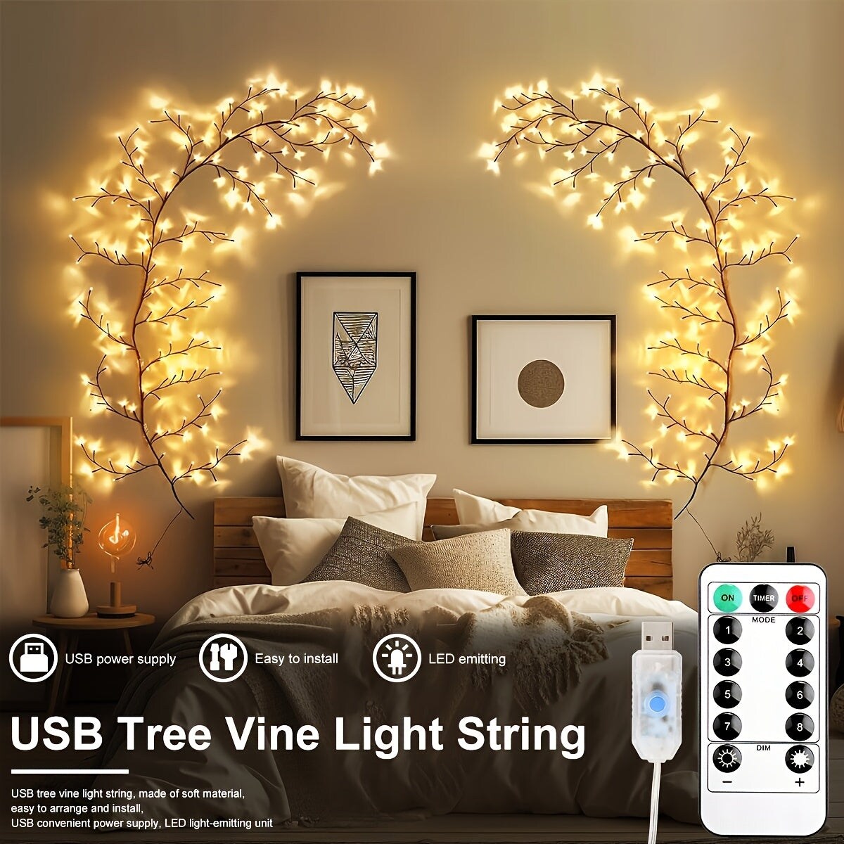 2-Pack 6-Foot Flexible Brown Vine Lights - 96 LEDs, USB Powered