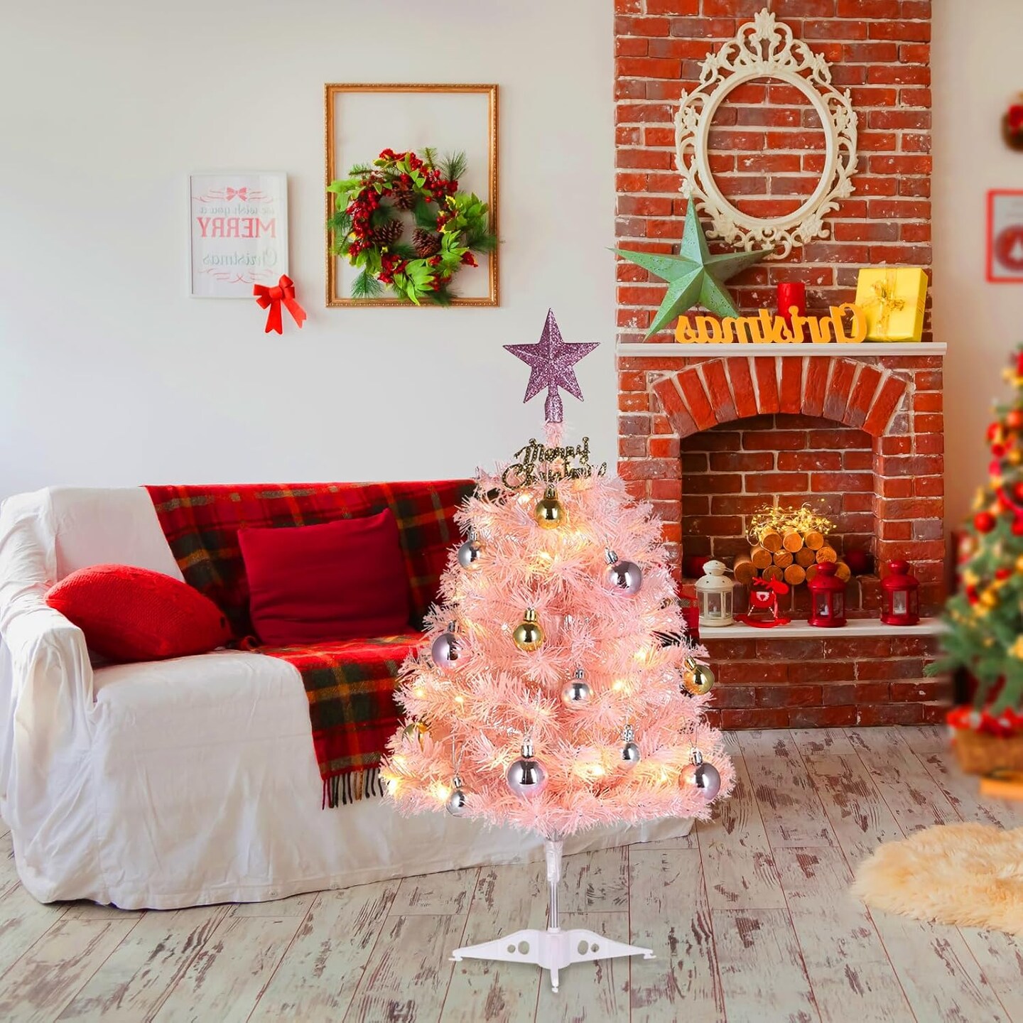 , Artificial Small Desktop Xmas Tree with Lights and Tree Ornaments (Pink) 6.89&#x22;D x 3.94&#x22;W x 16.93&#x22;H