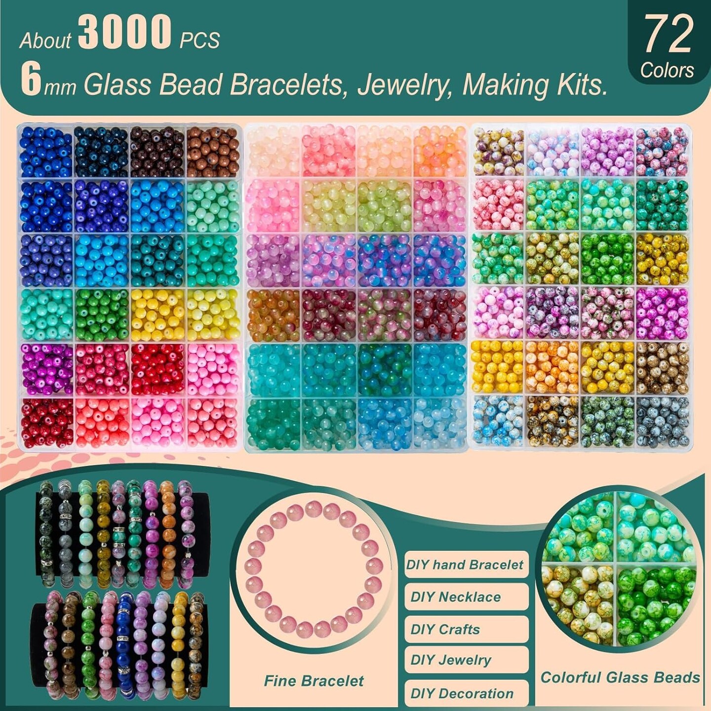 Glass Beads Kit for Jewelry Making - 3 Box Set (Multicolor - 6MM)