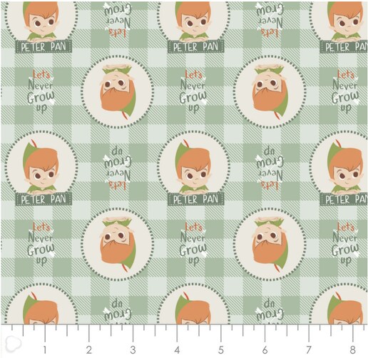 Licensed Camelot Fabrics Peter Pan & Tinkerbell Plaid Badges Green Cotton Fabric by the Yard