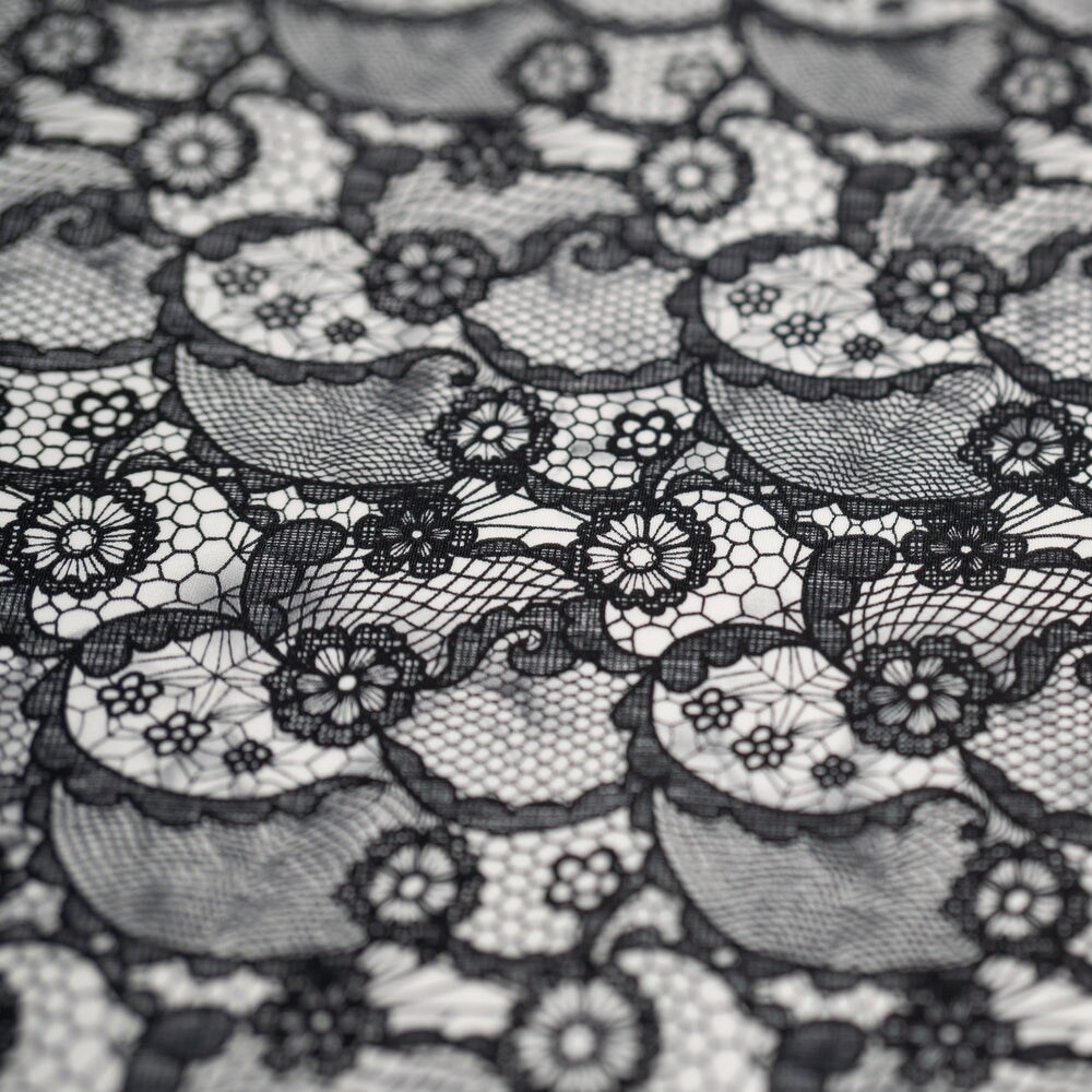 1 Yard Black Paisley Lace Pattern on White Printed Spandex Fabric 4-Way Stretch Nylon Blend 55/56 Width
