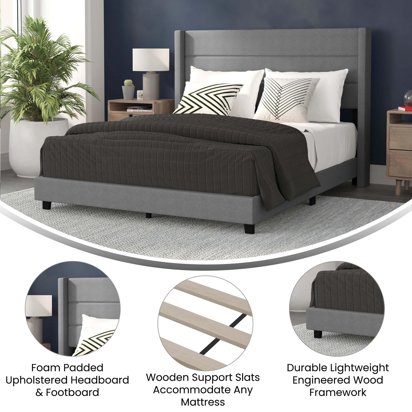 Merrick Lane Percy Modern Platform Bed with Padded Channel Stitched Upholstered Wingback Headboard and Underbed Clearance