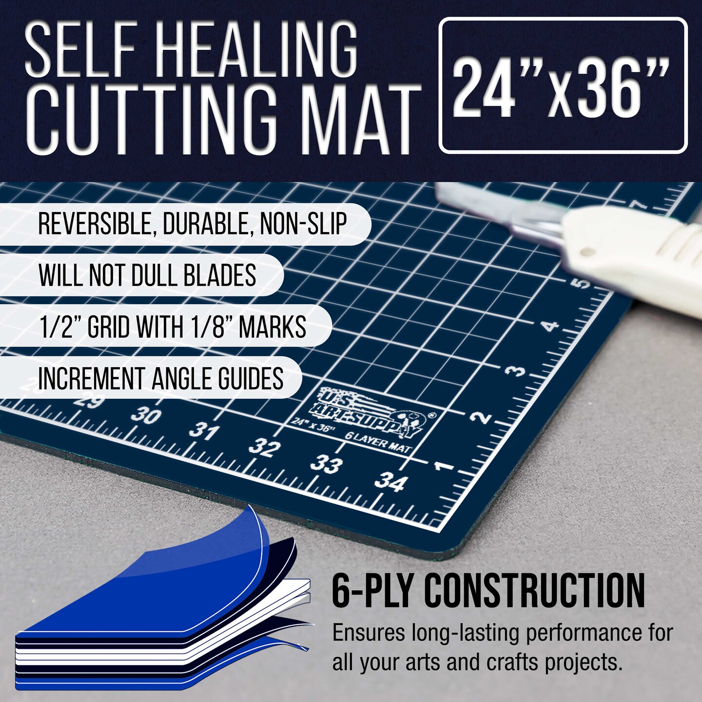 24&#x22; x 36&#x22; Self-Healing Cutting Mat 5-Ply - Double-Sided White/Blue Craft Mat, Non-Slip Cutting Mats for Crafts, Sewing, Quilting, Scrapbooking