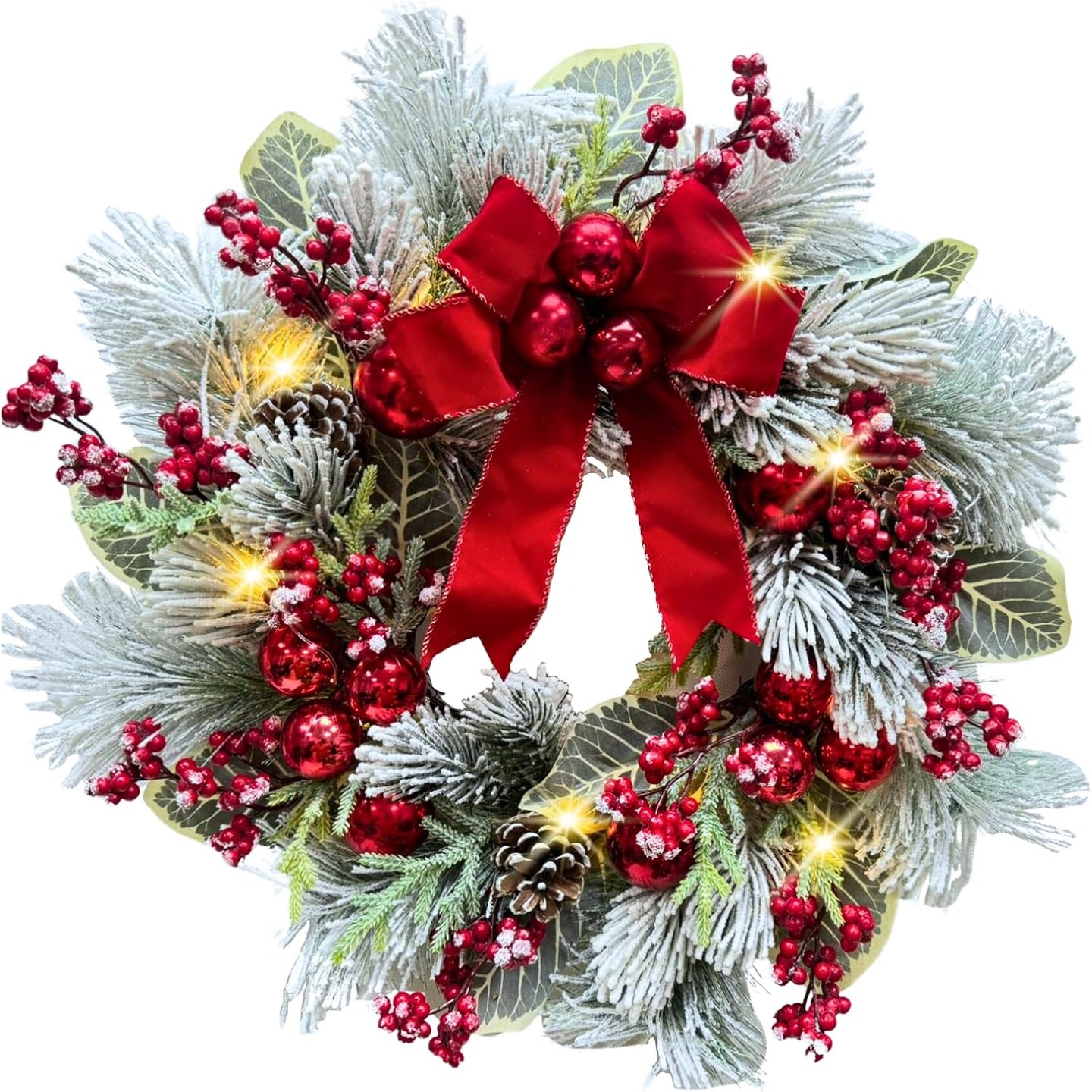 22 Inch Lighted Snow Flocked Christmas Wreath (Green/Red) 6&#x22;D x 22&#x22;W x 22&#x22;H