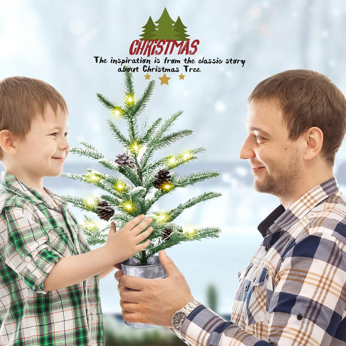 Small Christmas Tree 24 inch with 60 Lights Rustic Style Tabletop (White) 4&#x22;D x 4&#x22;W x 23.62&#x22;H
