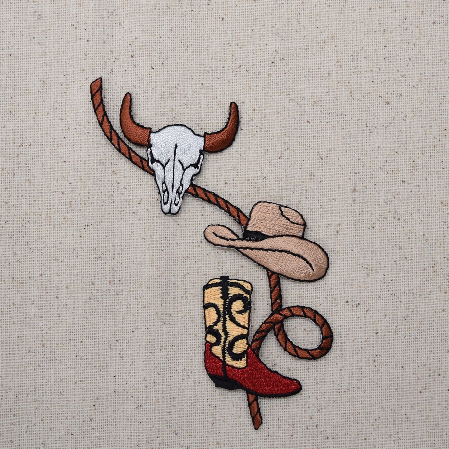 Western Rope with Boot, Cowboy Hat and Skull, Embroidered, Iron on Patch
