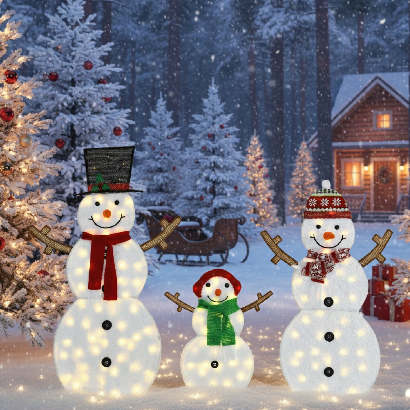 Festive 2D Snowman Christmas Lights Set of 3 Figures 48&#x22;, 42&#x22; and 24&#x22; Holiday Yard Decorations