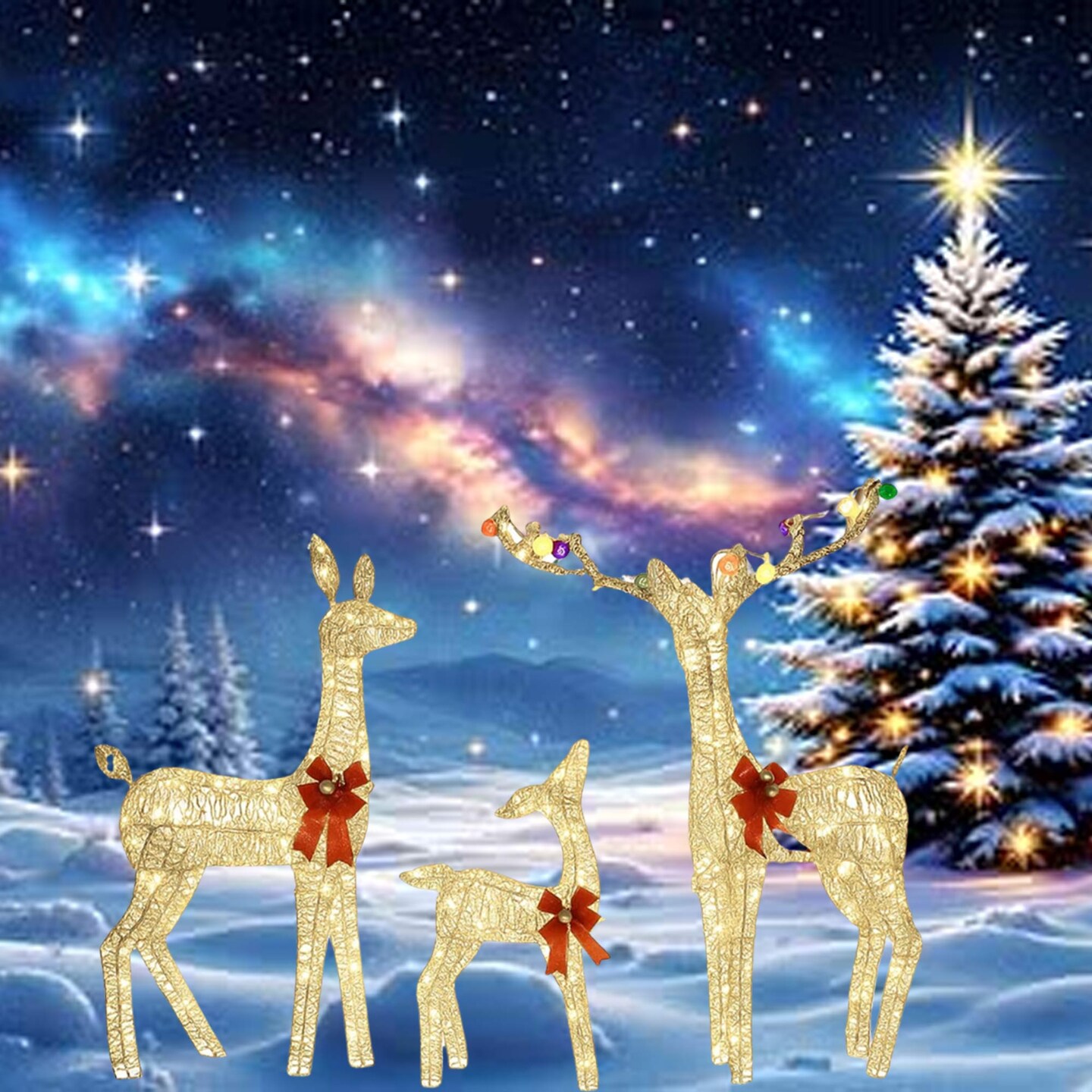 Christmas Yard Reindeer Set with Prelit Iridescent PVC Body Design 52&#x22;+46&#x22;+29&#x22;