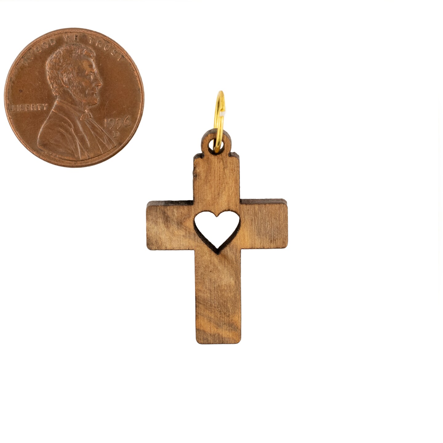 Handcrafted Olive Wood Cross Pendant: Bethlehem Artisans' Heart Design, Approx. 29x19mm