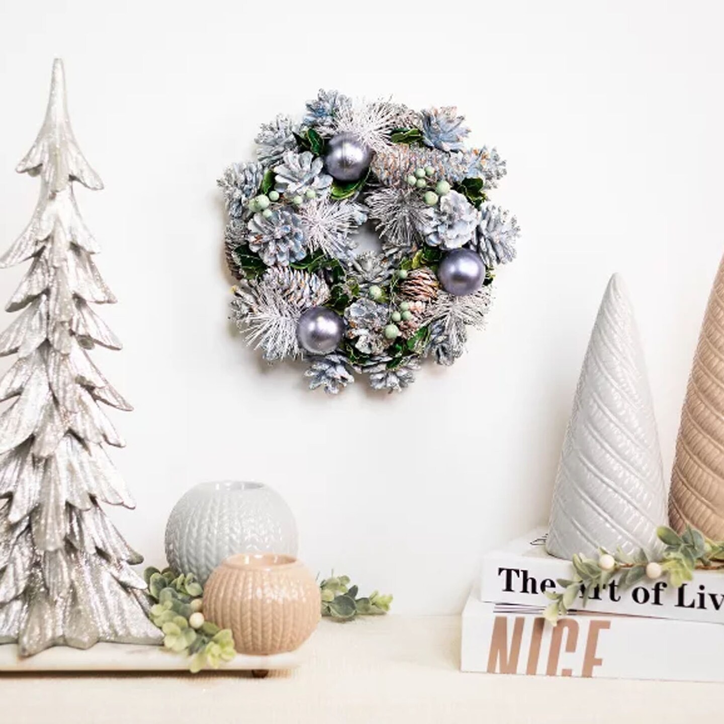 10" Blue Pinecone Christmas Wreath Unlit Holiday Decor with Ornaments & Greenery