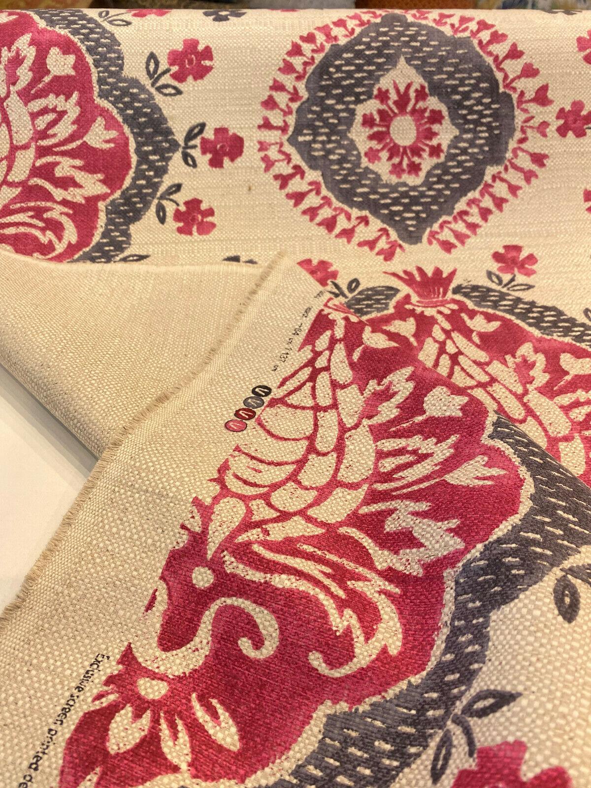 1 Yard Avo Raspberry Floral Linen Drapery Upholstery Fabric 63% Cotton 25% Polyester 12% Linen