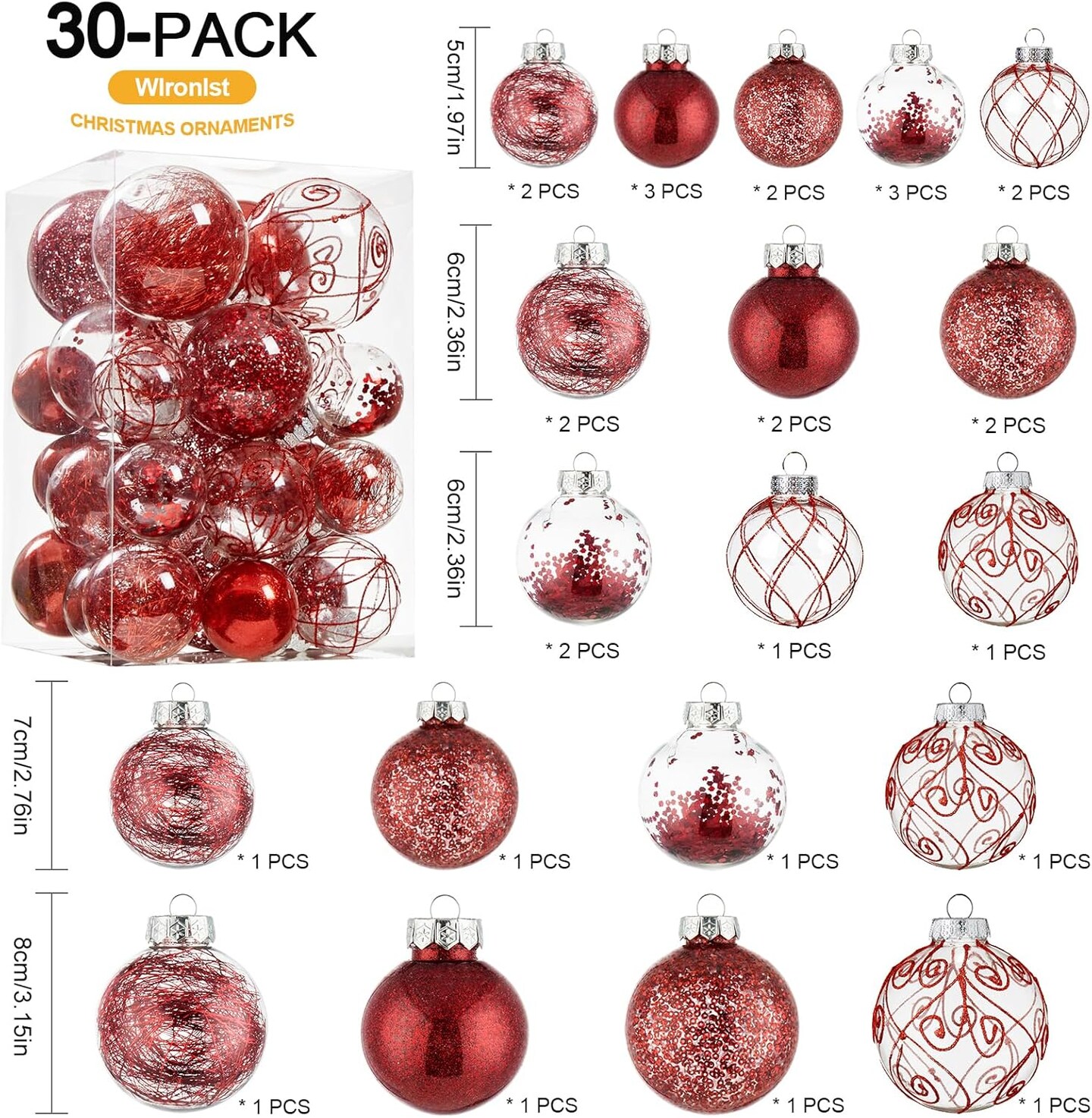 Christmas Ball Ornaments Shatterproof Clear (Red) - 10.31 x 6.77 x 6.54 inches