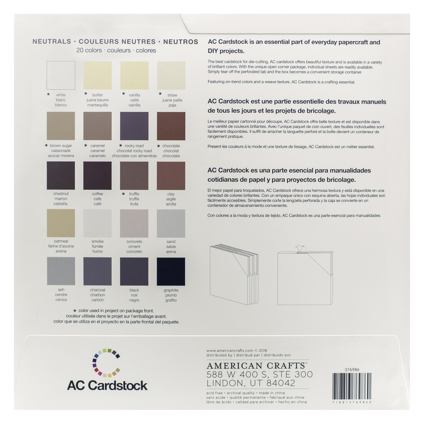 American Crafts Textured Cardstock Pack 12"X12" 60/Pkg-Neutrals