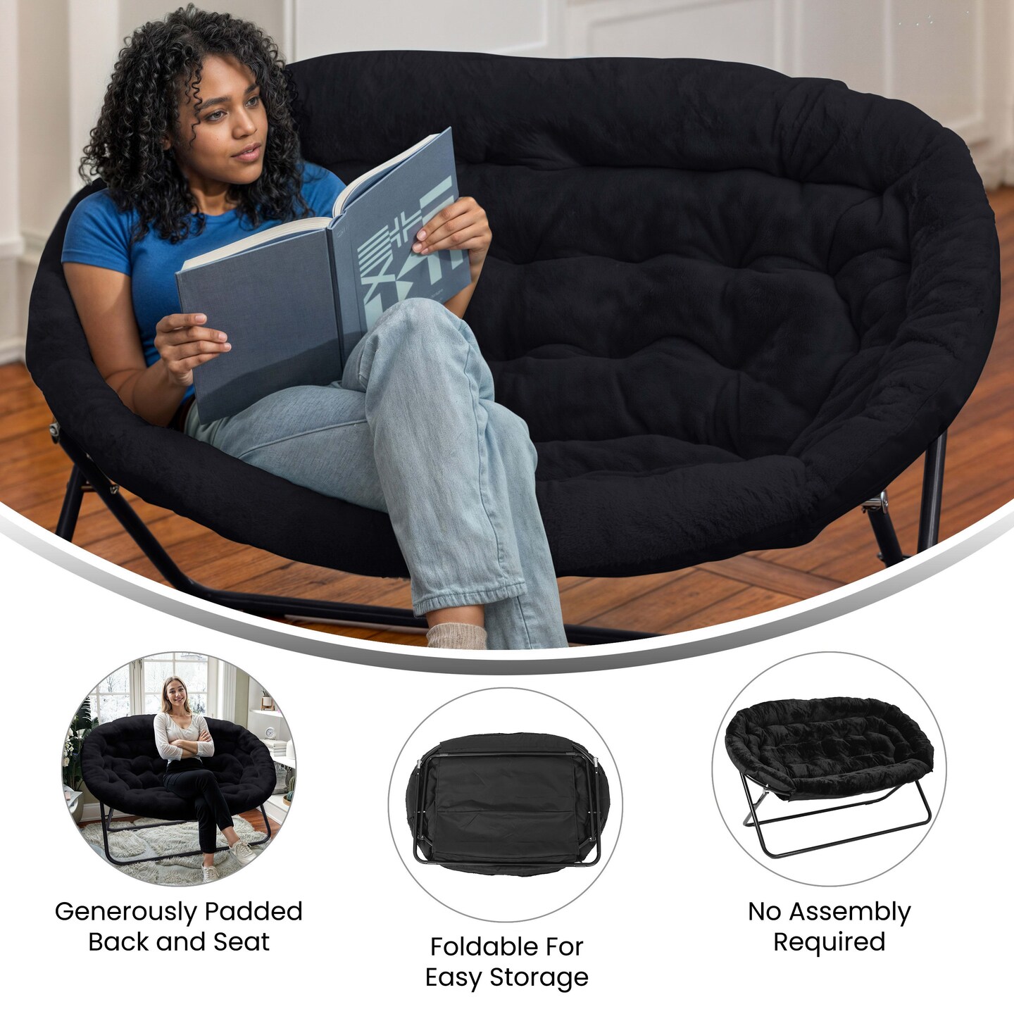 Emma and Oliver Janey Folding Double Saucer Chair with Steel Frame