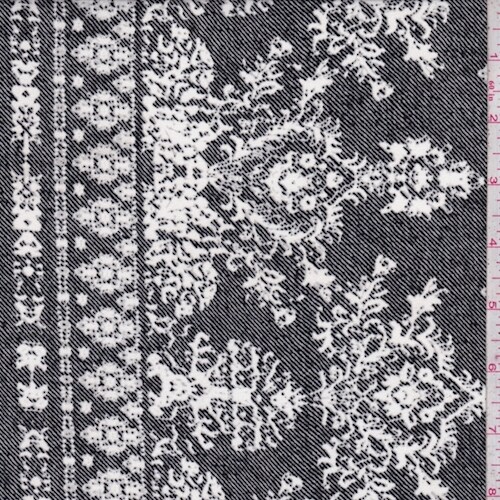 Black/White Medallion Border Crepe De Chine Fabric By the Yard
