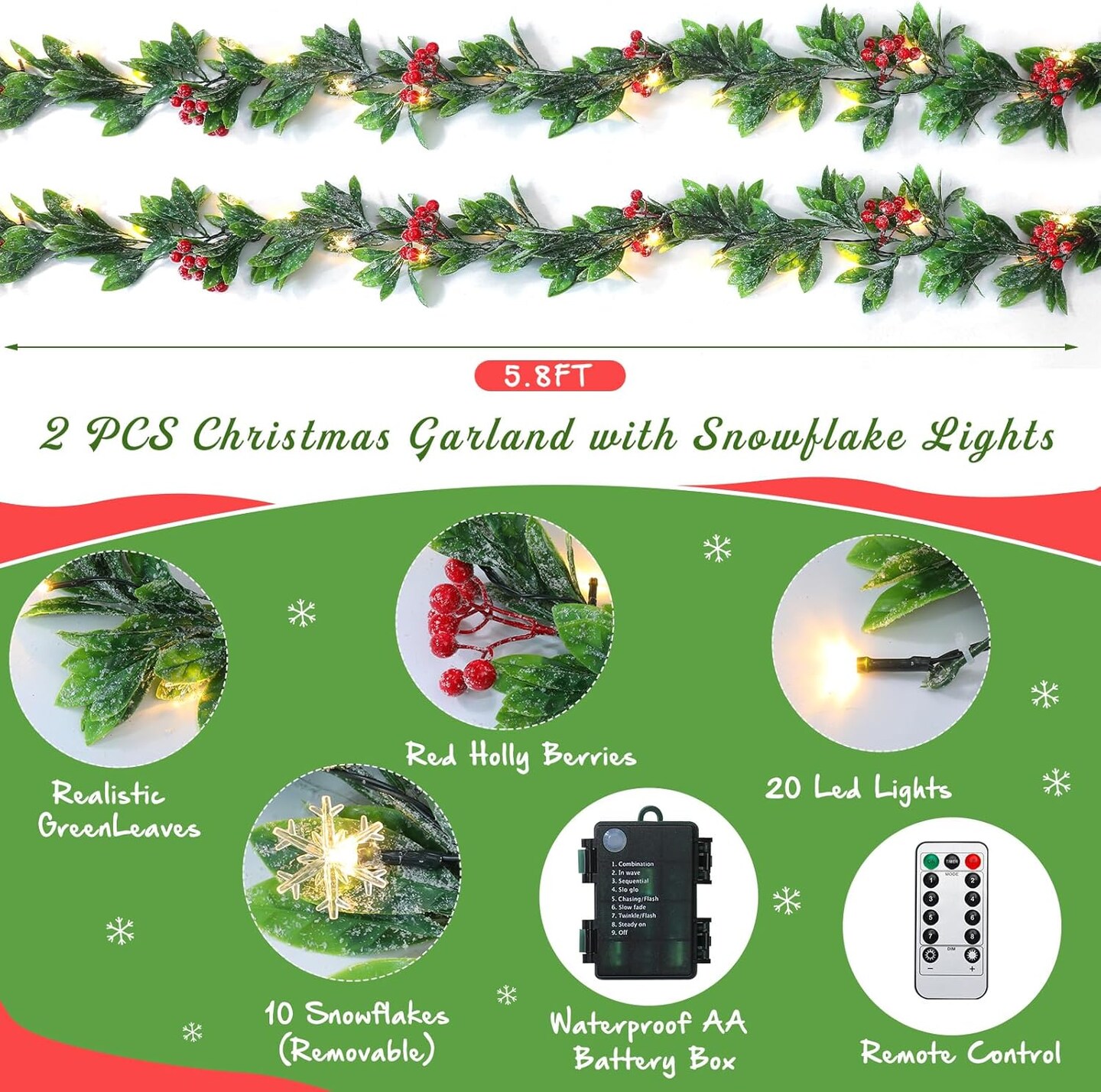 2 Pcs 12 ft Prelit Christmas Garland Lighted Holly Berries