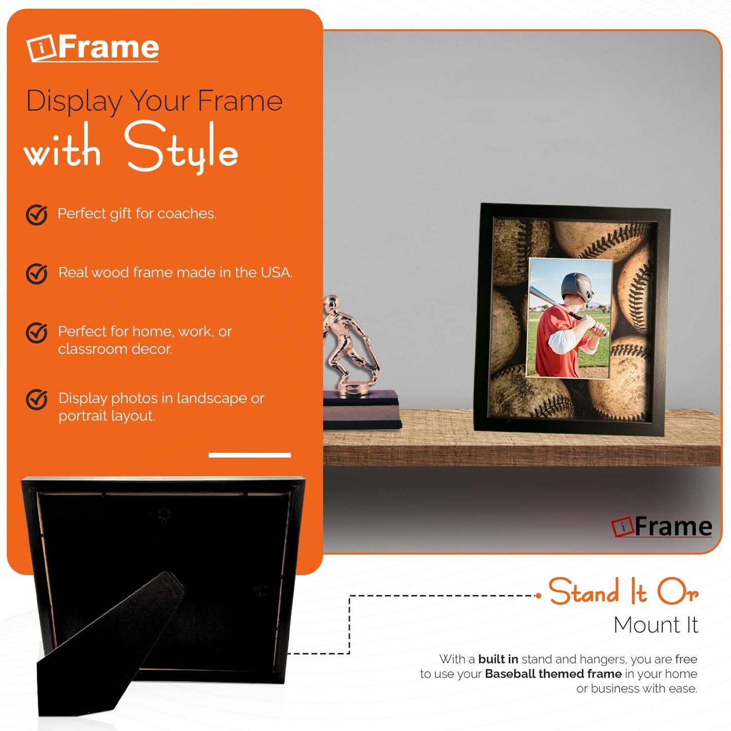 iFrame Commemorative Baseball Sports Athletics Frame I Fits 5x7 Photograph, Real Wood Black Finish, Desktop, Table Or Wall Mount I Shatterproof Plexiglass I Made in the USA