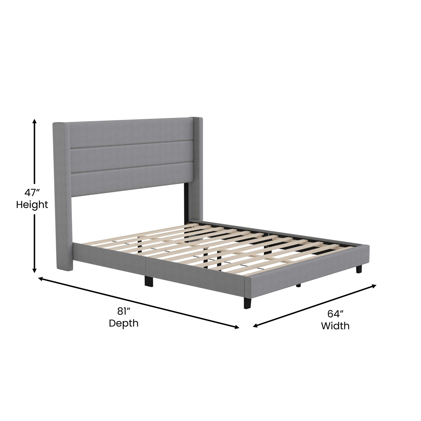 Merrick Lane Percy Modern Platform Bed with Padded Channel Stitched Upholstered Wingback Headboard and Underbed Clearance