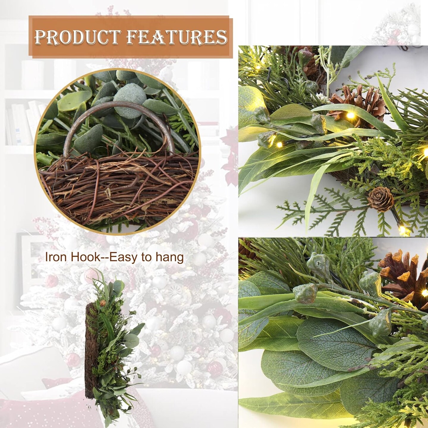 Pre Lit Christmas Wreath for Front Door Lighted Green (18&#x22; Battery Powered #01) 8&#x22;D x 18&#x22;W x 18&#x22;H