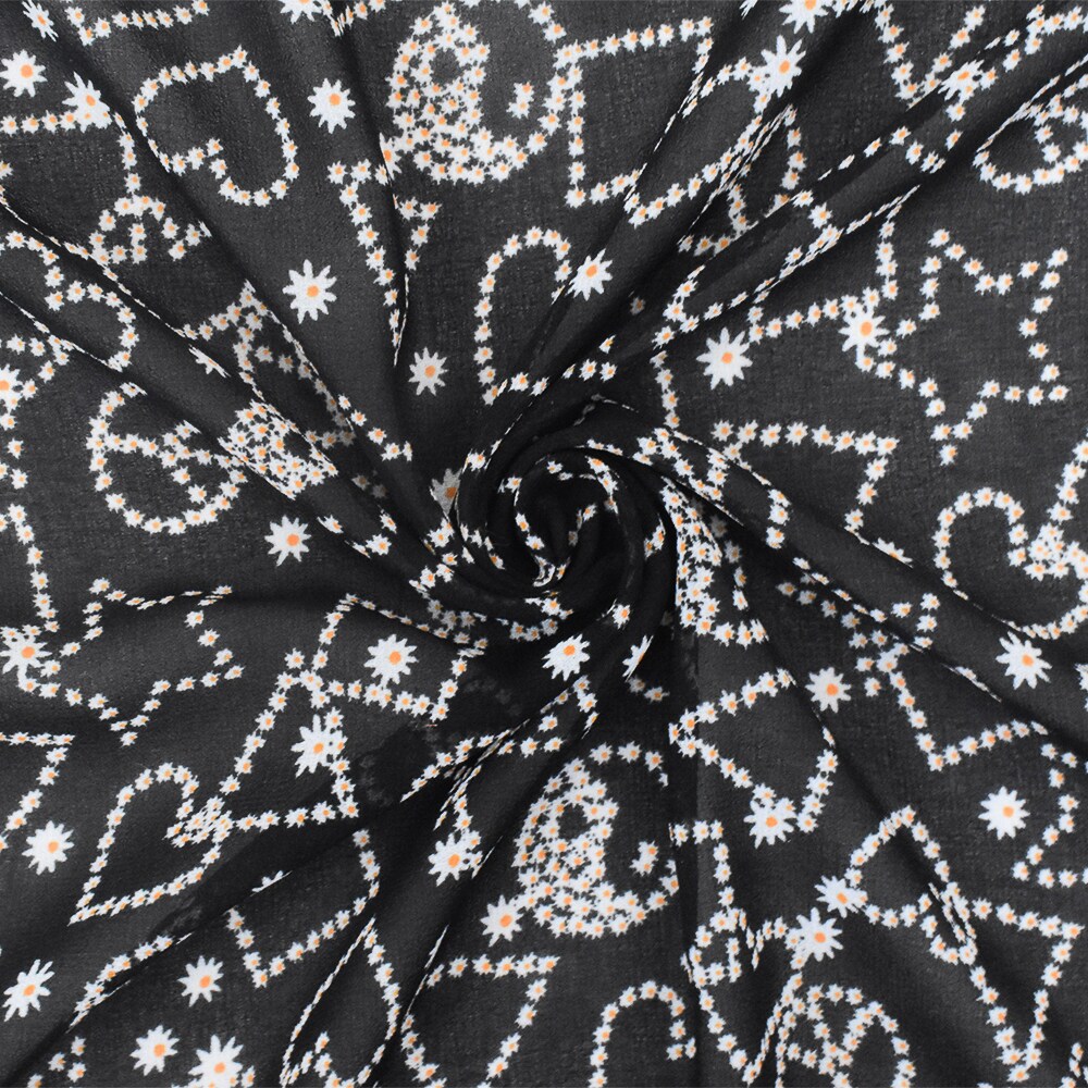 Night Black-White-Orange Multi Pattern Printed Poly Chiffon Woven Fabric By the Yard