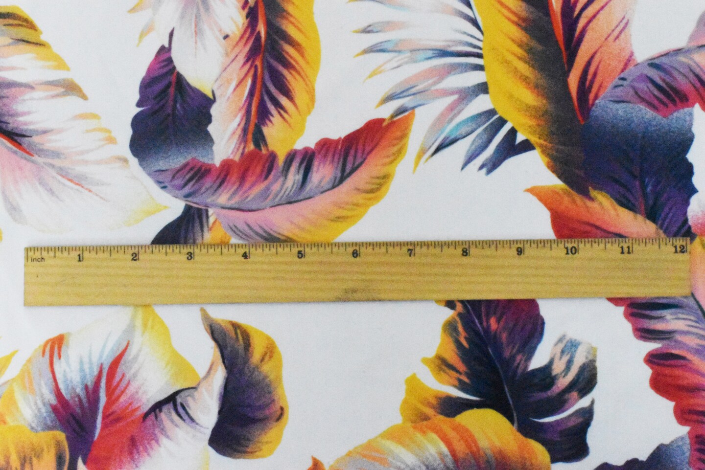 White-Purple-Multi Leaves Printed Stretch poly Tricot Knit Swimwear Fabric By the Yard