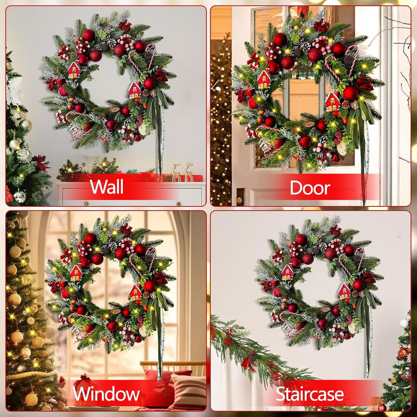 Christmas Wreaths for Front Door with Candy Canes Christmas Ball Ornaments (Red) 8&#x22;D x 20&#x22;W x 20&#x22;H