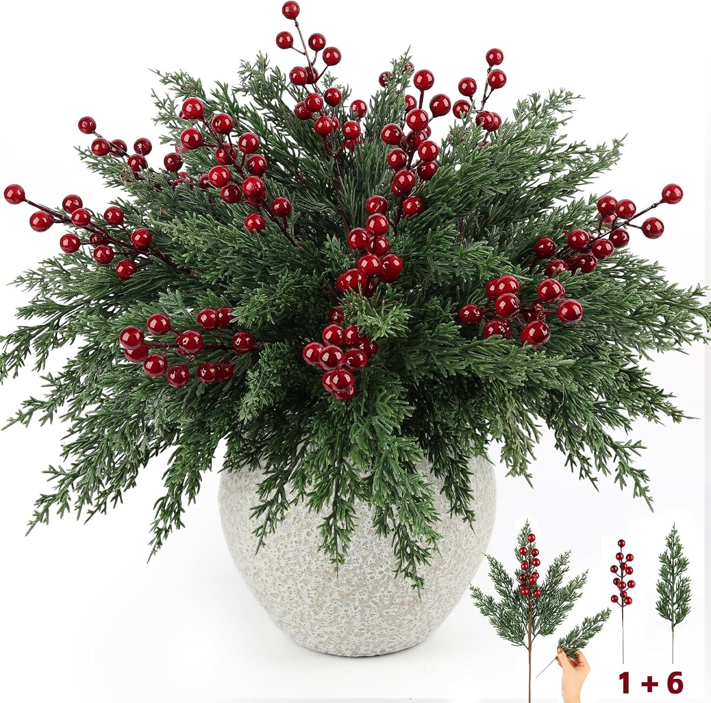 84Pcs Christmas Artificial Pine Branches with Red Berry Stems (Green) 3&#x22;D x 4&#x22;W x 17.7&#x22;H
