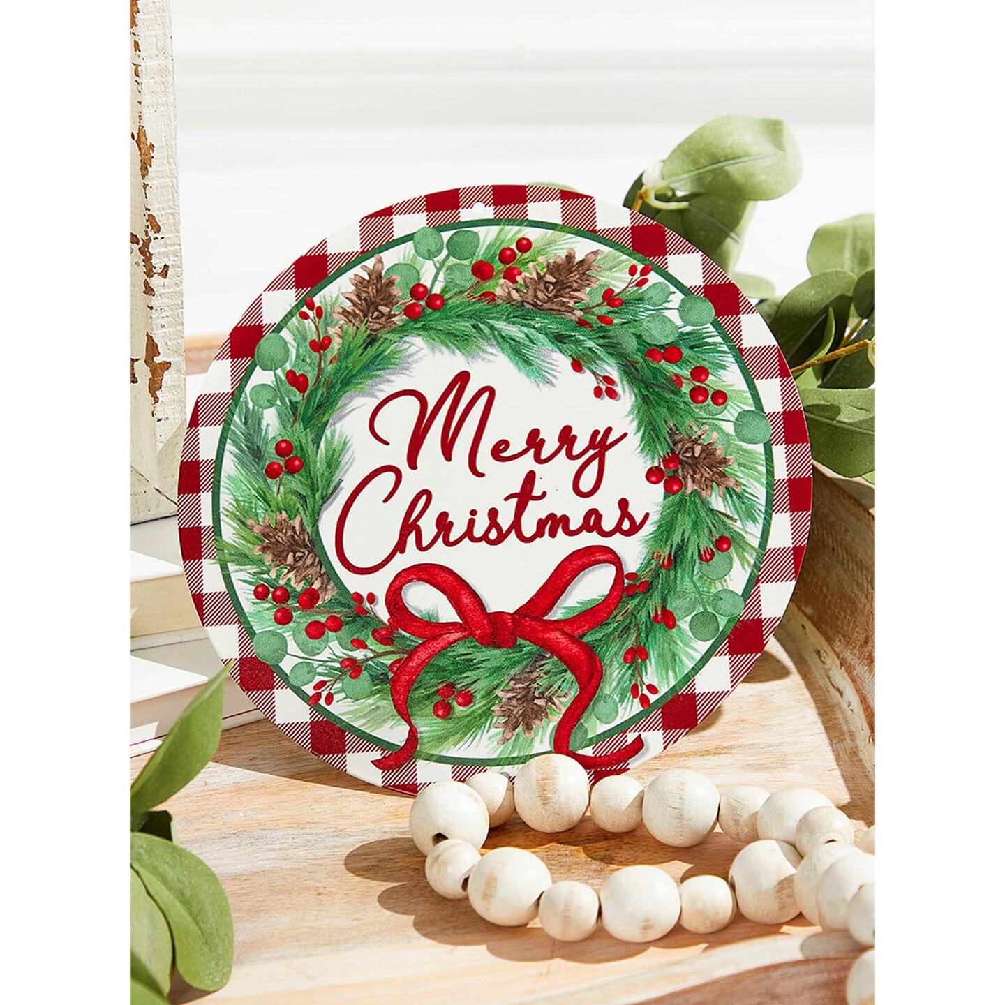 8" Metal "Merry Christmas" Sign with Wreath Rustic Holiday Wall or Door Décor