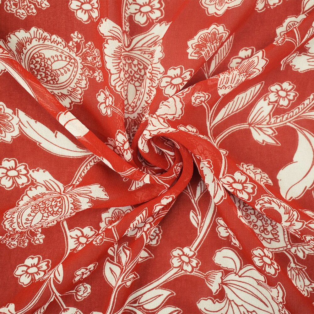 Sunset Orange-Ivory Floral Printed Poly Chiffon Woven Fabric By the Yard